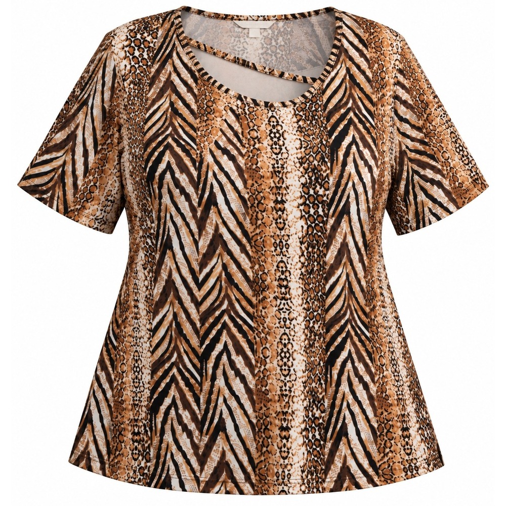 Cato Women XL Animal Print Cutout Neck Short Sleeve Top Leopard Zebra Brown